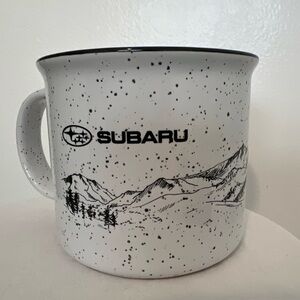 White Wide Mouthed Speckled Black Subaru Logo Ceramic Mug Nature Mountains Scene